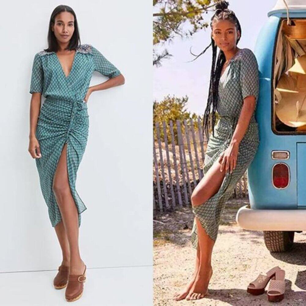 NWT Veronica Beard Women's Green Patterned Short Sleeved Silk Maxi Dress